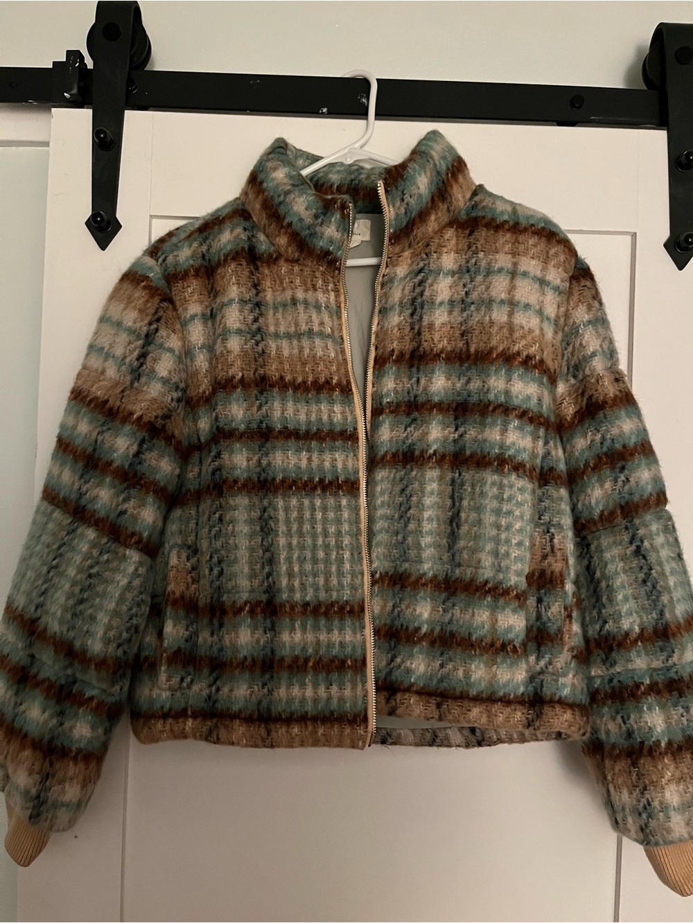 Anthropologie Plaid Faux-Fur Zip Jacket in Teal & Brown